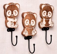 Brown Wooden Cute Panda Decorative Hooks For Kids - Pack of 3